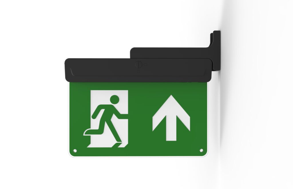 X-RZ3M Emergency Exit sign in black. Flag mounted