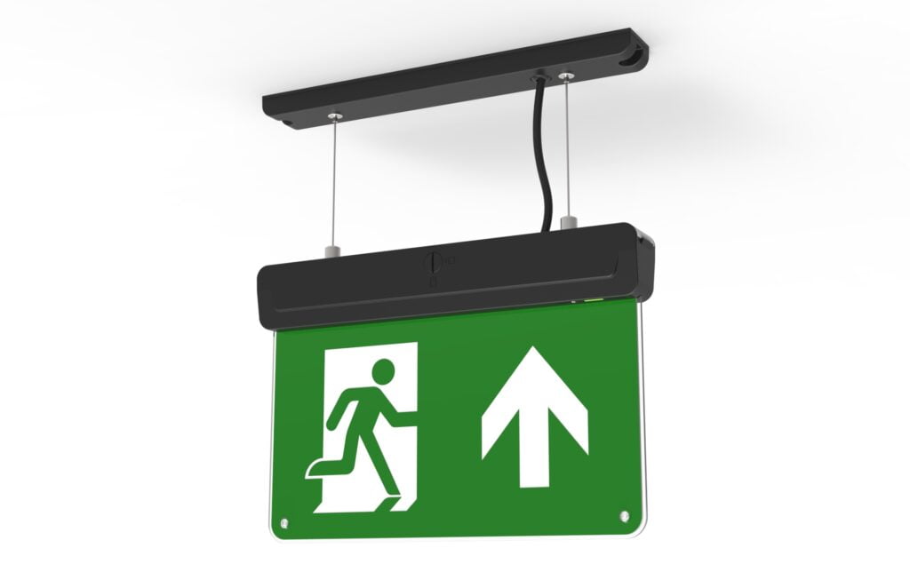 X-RZ3M Suspended Emergency Exit sign in black.