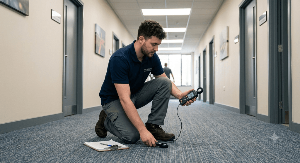 Image of an engineer taking lux levels in office corridor